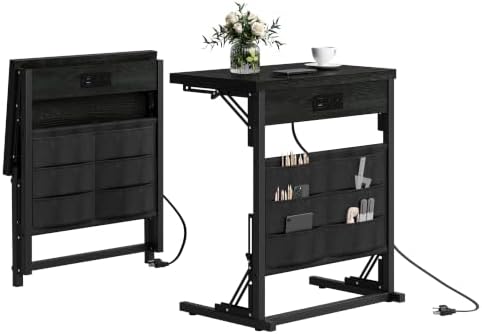 Folding C Table with Charging Station, C Shaped End Table, Sofa Tv Tray Table, Folding Side Table for Sofa, Couch Table with Storage Bag for Living Room, Bedroom Black SC-005B by Unknown