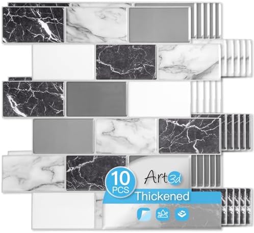 Art3d 10-Pack Marble Wall Tiles Peel and Stick Backsplash, Black White Grey by Art3d