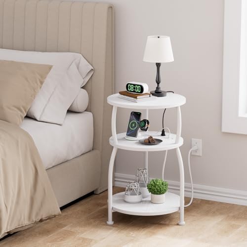 Round Side Table with Power Outlet, USB Type C Port, 3-Tier End Table - Image 5