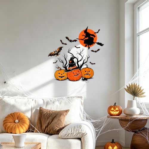 Halloween Pumpkin Witch Wall Decals Peel and Stick, Witch Jack O Lantern Wall Stickers, Removable Vinyl Spooky Wall Decor, Halloween Wall Art for Bedroom Living Room Window Decorations - Image 4