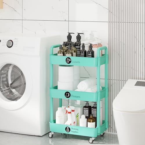 Laiensia 3-Tier Rolling Cart with Wheels,Multifunction Utility Storage Carts, Kitchen Storage Organizer,Mobile Shelving Unit for Bathroom,Laundry,with Classified Stickers,Green - Image 5