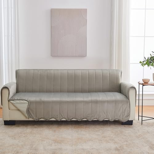 Great Bay Home Velvet Sofa Cover - Washable Slipcover Furniture Protector with Elastic Straps - Furniture Cover for Dogs, Kids, and Pets - Stitched Detail (Wild Dove Grey) by GreatBayHome