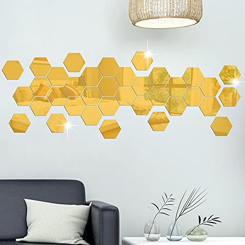 RW-103 36 Pcs Acrylic Hexagon Mirror Decals DIY Removable 3D Geometric Mirror Art Setting Wall Decor for Bedroom, Living Room, Office, Kitchen & Home (Gold) - Image 4