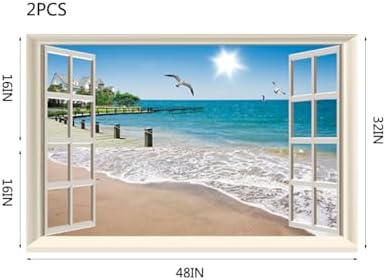 Fake Window Wall Decal- Summer Beach Seascape Open Wall Art Poster Sticker | Faux Window Ocean Coast Natural Landscape Mural｜ Stick and Peel Wall Decals｜Room Bedroom Office Decor｜48"x32",Set of 2 Sheets - Image 4