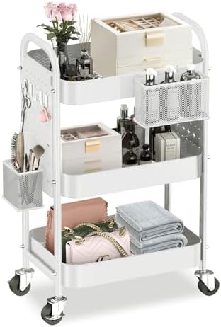 ALVOROG 3 Tier Metal Rolling Utility Cart with Pegboards,Baskets,Hook,White by ALVOROG