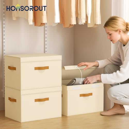 Homsorout Large Storage Bins with Lids - Front Opening Fabric Storage Bins, Flap Closet Organizer with Handles, Collapsible Boxes with Lid, Decorative Basket for Home, Dorm, 6 Pack, Beige - Image 3