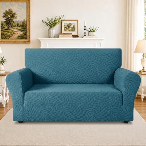 ZNSAYOTX 1 Piece Stretch Loveseat Covers for 2 Cushion Couch (55"-71"), New Plaid Couch Cover with Non-Slip Buckle for Dog Pets, Soft Cozy Washable Sofa Slipcover Form Fit Protector, Teal - Image 2