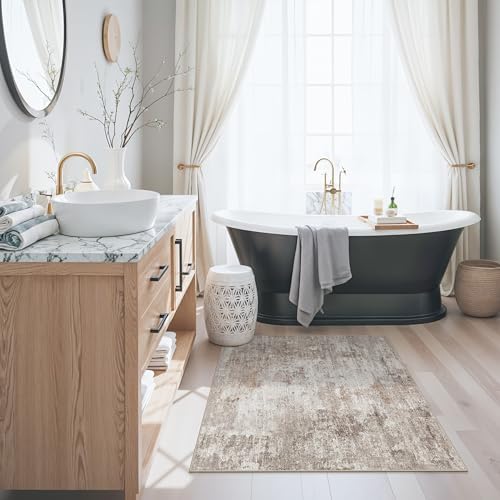 3x3 Square Entryway Rug Washable – Non-Slip Small Area Rug for Kitchen or Bathroom, Soft Low-Pile Indoor Mat, Modern Abstract Thin Door Carpet (Beige Grey) - Image 3