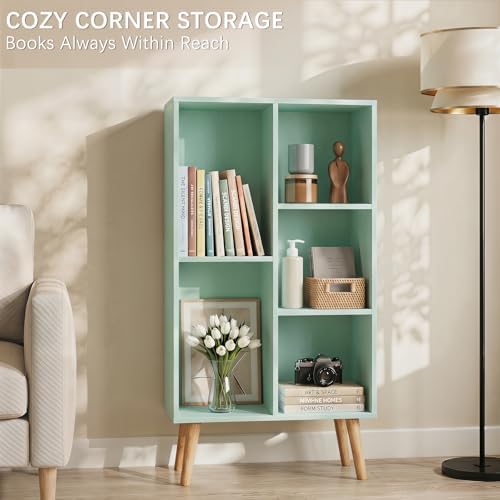 YAHARBO Small Green Bookshelf,3 Tier Modern Kids Bookcase with Legs,5 Cube Wooden Bookshelves Storage Shelf,Book Shelves Organizer,Display Bookcases Cabinet for Room Nursery Study - Image 5