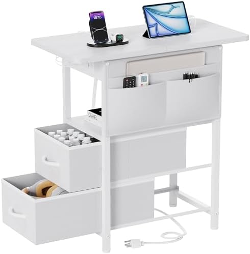 Yenlure Small Side Table with Charging Station, Narrow Nightstand Bedside Tables with Storage Pocket for Living Room Bedroom, Sofa End Table with USB Ports and Power Outlets for Small Spaces by CREATEDFORSMARTHOMES