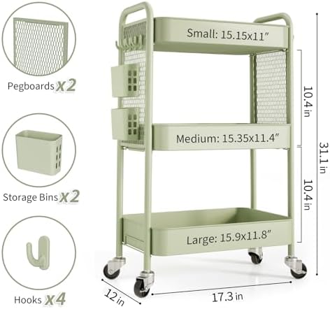 TOOLF 3 Tier Rolling Cart, Metal Utility Storage Cart with Pegboard, Green | 2 Bins & 4 Hooks, Screwless Assembly, Lockable Wheels, Trolley Organizer for Bathroom, Kitchen, Office, Dorm, Craft Room - Image 6