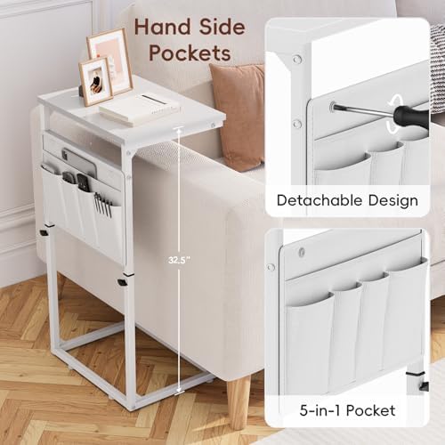 Vagusicc C Shaped End Table, 33" Tall Side Table for Couch, Adjustable Height Small Couch Side Table for Small Spaces, C Table End Table Slide Under Sofa Table TV Tray for Living Room Bedroom, White - Image 7