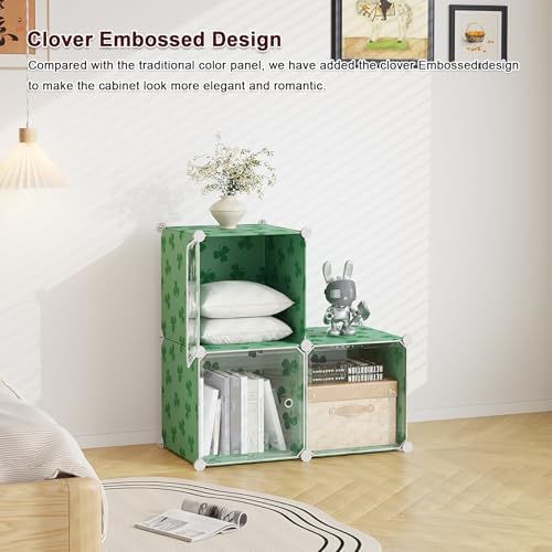 C&AHOME Clover Embossed Storage Organizer with Doors 3-Cube Shelf Green - Image 4
