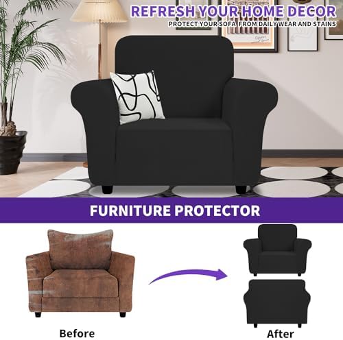 ZNSAYOTX Chair Cover with Arms (30"-47"), New Striped Sofa Chair Covers for Living Room, Dogs Pet Friendly Anti-Slip Chair Protector Spandex Armchair Slipcovers (Black, Chair) - Image 2
