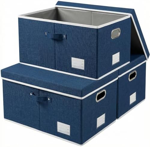 PRANDOM Storage Bins with Lids [3-Pack] Linen Fabric Foldable Storage Boxes Organizer Containers Baskets Cube with Cover for Bedroom Closet Office Royal Blue(23.4X15.9X11.4) by Prandom