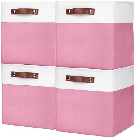 Bagnizer Collapsible Fabric Storage Cubes 11x11 Cube Storage Bins, 4 Pack Closet Baskets Box with Handles for Organizing, Shelf, Toys, Clothes, Home, Office, Nursery (Pink&White) by Bagnizer