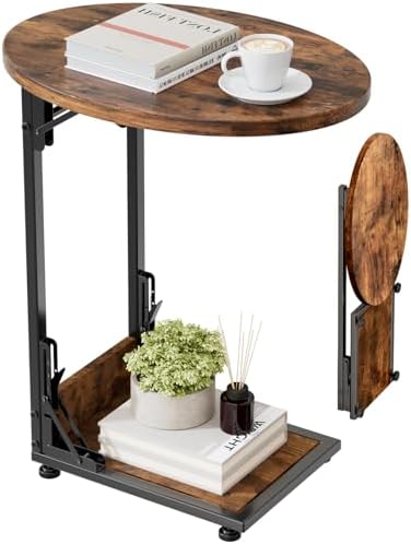 Elbourn Folding Side Table End Couch Tables,Metal Frame C-Shaped TV Stand for Sofa Living Bedroom Bedside Coffee Small Spaces(Vintage Wood Color) by Elbourn