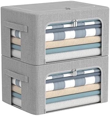 CYhom Clothes Storage Bins Box - Foldable Stackable Container Organizer Set with Clear Window & Carry Handles & Metal Frame - 2Pack Large Capacity for Bedding, Blankets, Books by CYhom