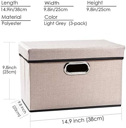 PRANDOM Foldable Storage Bin with Lid [3-Pack] Linen Fabric Decorative Storage Box Organizer Container Basket Cube with Handles Divider for Closet Office Living Room Light Grey(14.9x9.8x9.8) - Image 6