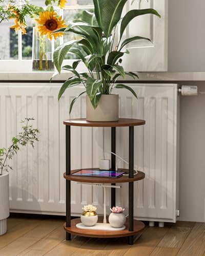 XBurmo Small Round End Table - 3 Tier Design Accent Table, Narrow Side or Bedside Stand, Industrial Vintage Table for Small Spaces, Built-in USB Ports and Power Outlet, Rustic Walnut - Image 7