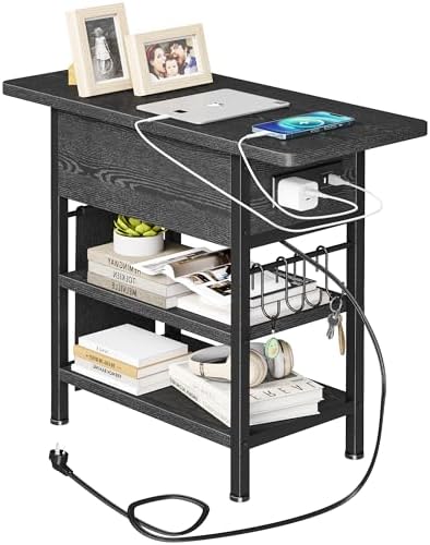 End Table with Charging Station, Flip Top Nightstand with USB Ports and Outlets,Couch Side Table with Fabric Bag and Hooks, Bedside Table for Space Saving, Living Room, Bedroom (Black) by Homeiju