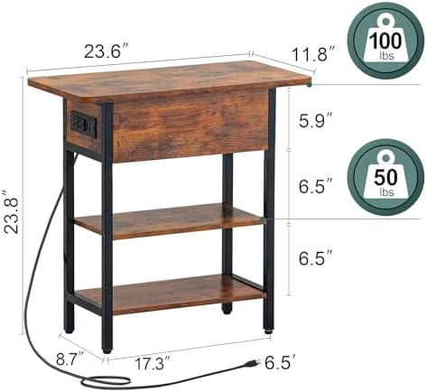 Yoobure End Table with Charging Station, Flip Top Side Table with USB Ports and Outlets, Sofa Couch Table Bedside Table for Living Room Bedroom, Narrow Nightstand with Storage Shelves for Small Space - Image 3