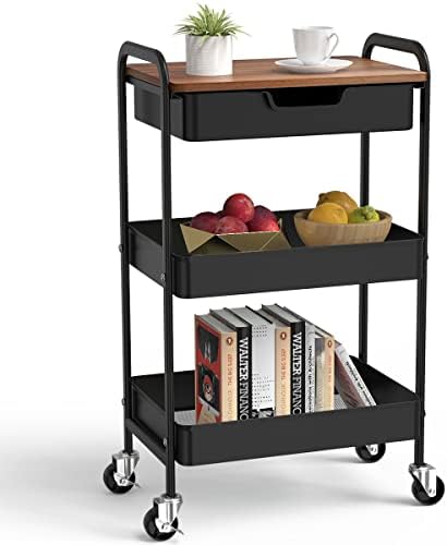 3 Tier Rolling Cart with Drawer, Metal Utility Cart with Table Top by Aratan