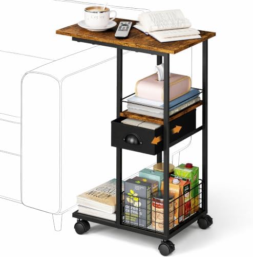 C Shaped Sofa Side Table with Wheels, Rolling Small Coffee Table with Drawer, Portable TV Tray Table for Couch, Bedside Table with Storage, Narrow Nightstand for Bedroom, End Tables Living Room by Sonyabecca