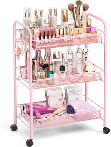 TOOLF 3 Tier Rolling Cart, Metal Utility Storage Cart with Wheels, Pink | 3 Hooks, Screwless Assembly, Trolley Organizer for Bathroom, Kitchen, Office, Nursery, Dorm, Laundry Room by TOOLF