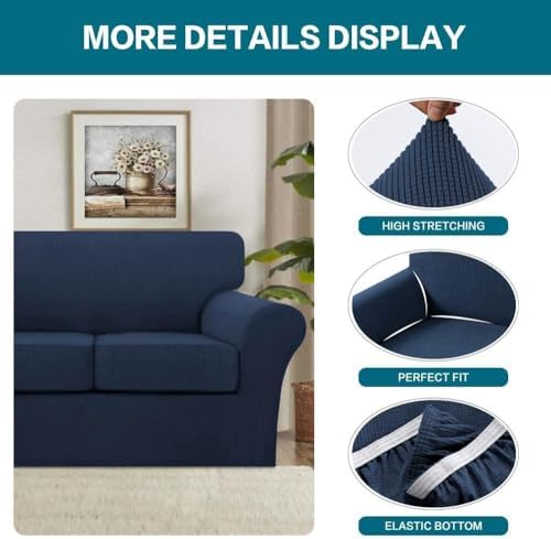 Turquoize 4 Piece Sofa Covers for 3 Cushion Couch Sofa Slipcover Soft Couch Cover for Dogs Washable Furniture Cover with 3 Individual Large Cushion Covers Feature Fabric (Large Sofa, Navy) - Image 4