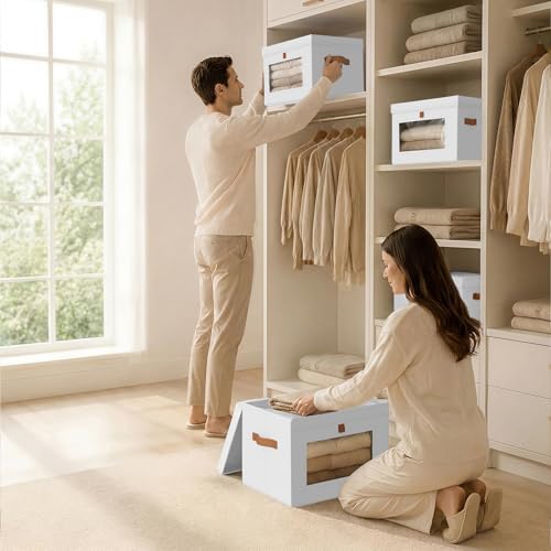 Homsorout Storage Bins with Lids - Front Opening Storage Box with Clear Window & Handles, Stackable Foldable Fabric Bins for Closet Organization, Clothes, Sweaters, Towels, Blankets, 3 Pack, White - Image 6
