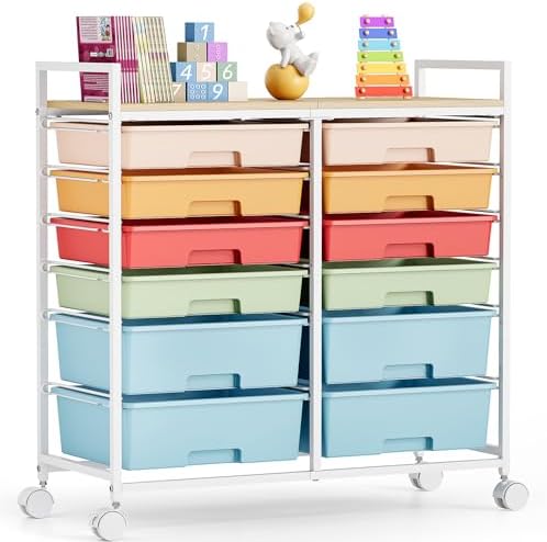 TOOLF 12 Drawers Rolling Storage Cart with Wooden Top for Classroom,Rainbow by TOOLF