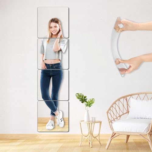 Unbreakable Small Wall Mirror Tiles, 4Pcs 10.05x10.05 Inch Wall Mirrors Decorative Adhesive Plastic Mirror for Classroom,Peel and Stick On Mirrors for Walls, Toddler Kids Shatterproof for Walls Decor by NKJVE