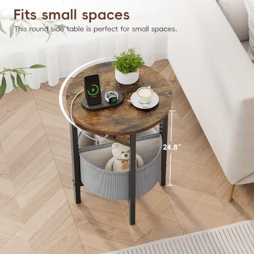 VAGUSICC Round Side Table with Charging Station, Small Round Accent End Table with Fabric Basket, Set of 2 Half Moon Tables Coffee Table, Bedside Table, Modern Nightstand for Living Room Bedroom,Brown - Image 4