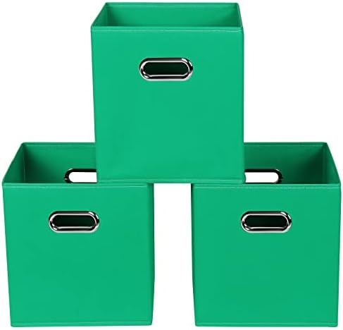 Green Foldable Storage Bins, 11x11x11, Set of 3, (Fabric Cube Organizer with Handle, for Cloth or Accessory Storage) by Yunkeeper