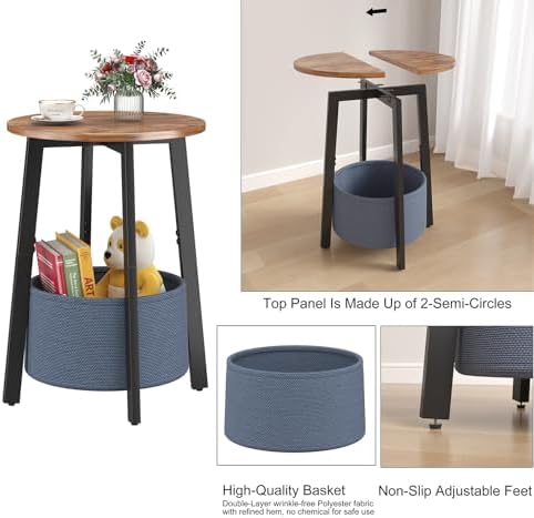 sthmec Small Round Side End Table Set of 2 with Cloth Storage Basket, Round Bedside Sofa Couch Coffee Tables for Small Places with Metal Frame, Modern Nighstands for Living Room Bedroom,Rustic Brown - Image 7