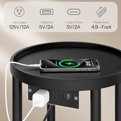 HOOBRO Small Round Side Table with Charging Station, 2-Tier Round Bamboo End Table, Compact Sofa Bedside Table for Small Space, Easy Assembly, for Living Room, Bedroom, Apartment, Black BB156UBZ01 - Image 5