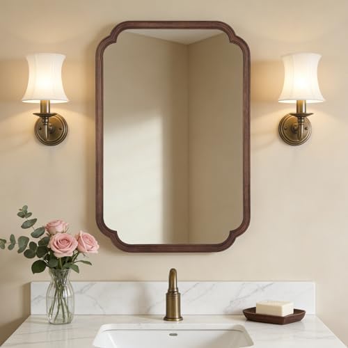 WallBeyond Wood Bathroom Mirror for Wall Mounted with Rounded Corner Wood Frame for Entryway, Living Room or Bedroom Home Decor Vertical or Horizontal Hanging [24" x 36" Walnut Color] by WallBeyond
