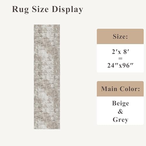 2x8 Washable Non-Slip Hallway Runner Rug – Modern Abstract Soft Carpet for Kitchen, Bedroom with Rubber Backing – Low-Pile Thin Stain-Resistant Rug for Bathroom,Laundry Room,Entryway（Beige Grey） - Image 2