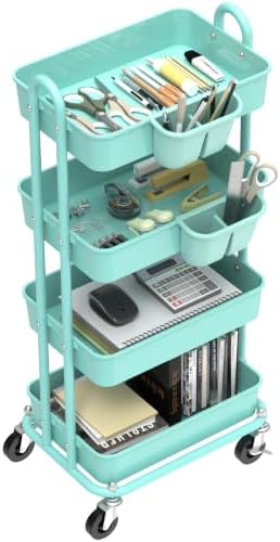 Simple Houseware 4-Tier Rolling Utility Cart with Hanging Bucket, Turquoise - Image 2