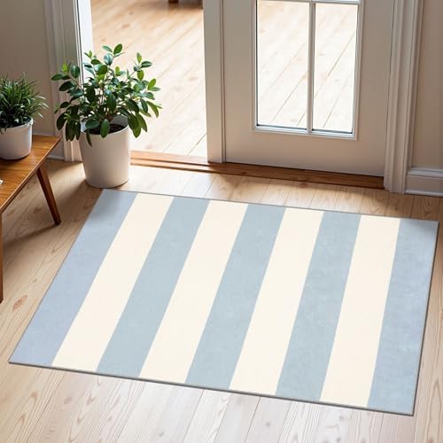 Front Door Mat Indoor Outside Entrance, 2x3 Blue White Striped Rug by Othilic