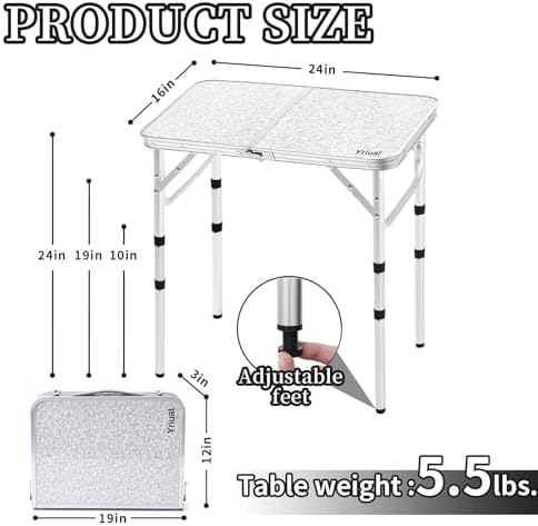 Folding Camping Table, Adjustable Height Portable Picnic Table, 24"x 16" - Image 3