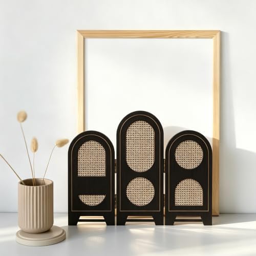 3-Panel Set of Arched Rattan Flat Printed Tabletop Folding Screen - Image 3