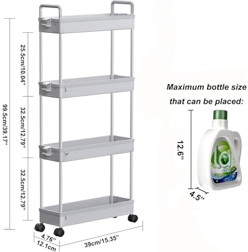 SOLEJAZZ Slim Rolling Storage Cart Skinny Bathroom Organizer, 4 Tier, Gray - Image 2
