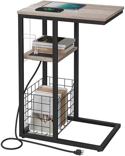 Vagusicc C Shaped End Table with Charging Station, Side Table for Couch, Small Side End Table for Small Spaces, 28" High Slide Under Sofa Table for Coffee, Tv Tray Table for Living Room, Greige by Vagusicc