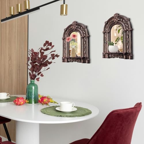 2 Set Vintage Candle Wall Sconce for Home Decor Living Room Bedroom Office Wood Antique Mirrored Victorian Mounted Candlestick Wall Holder Relief Hanging Decor -Brown 11.8in - Image 3