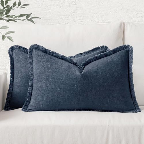 MIULEE Boho Linen Decorative Lumbar Throw Pillow Covers Indigo Blue 12x20 by MIULEE