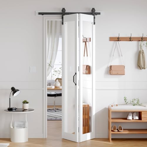 FREDBECK Bifold Barn Doors 32x84 with Mirror for Closet,White,with Hardware by FREDBECK