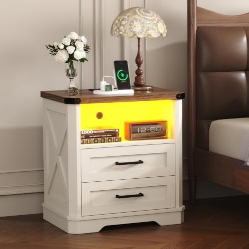 Yusong 23.62" Tall Night Stand, LED Nightstand with Charging Station, Modern Night Stand, Wood Sofa Couch End Side Table with 2 Pull-Out Shelf, White - Image 3