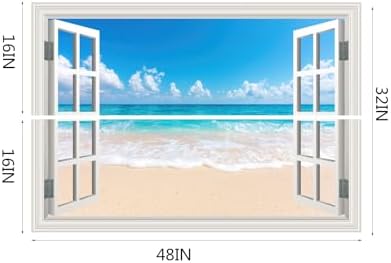 Fake Window Wall Decal- Summer Beach Ocean Landscape Open Wall Art Sticker | Faux Window Seascape Natural Scenery Landscape Mural｜ Stick and Peel Decals｜Room Bedroom Office Decor｜48"x32",Set of 2 Sheets - Image 2